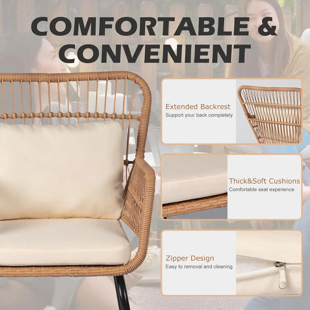 3 Piece Outdoor Wicker Furniture Set, Rattan Chairs and Table for Balcony Poolside Backyard, Yellow/Beige Patio Bistro