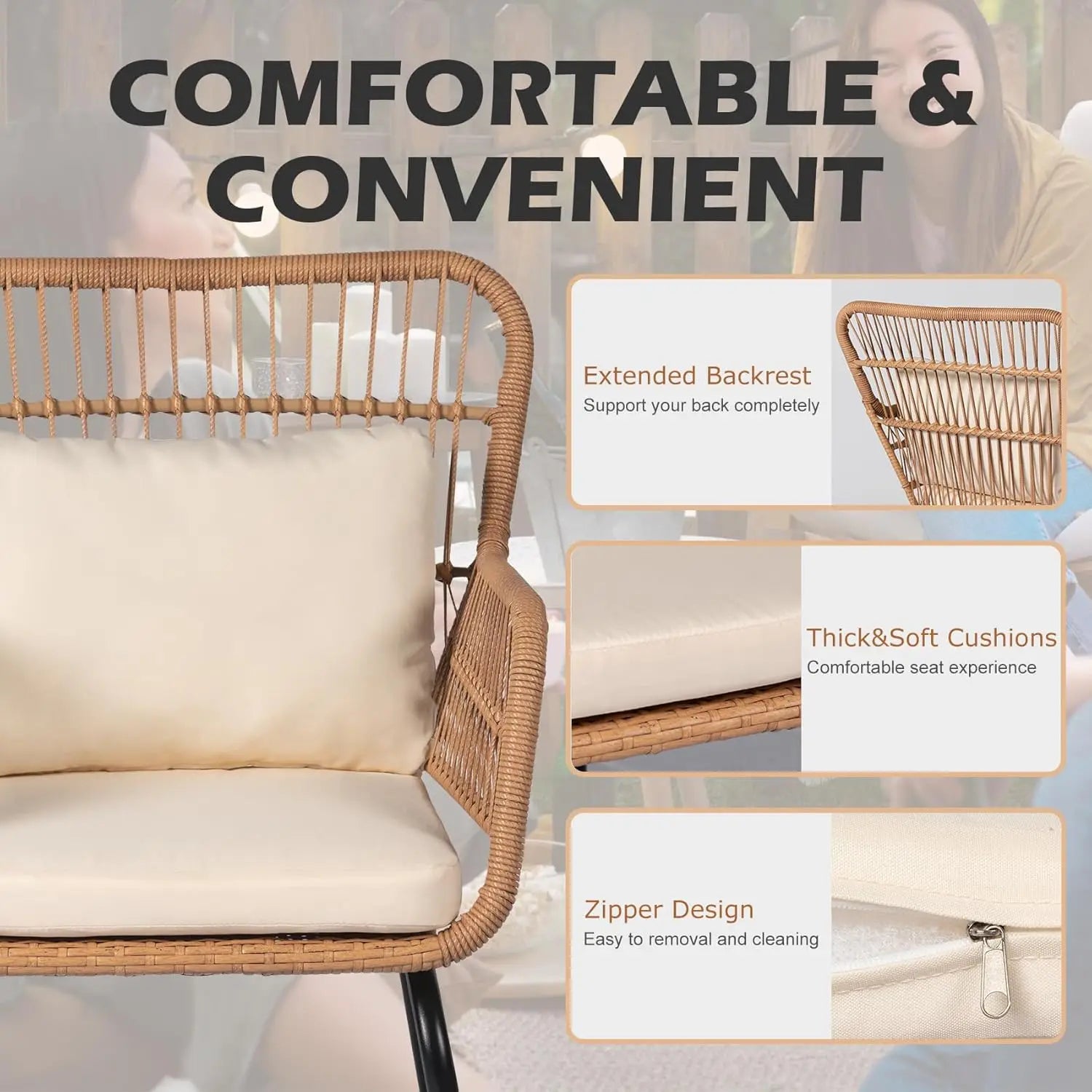 3 Piece Outdoor Wicker Furniture Set, Rattan Chairs and Table for Balcony Poolside Backyard, Yellow/Beige Patio Bistro