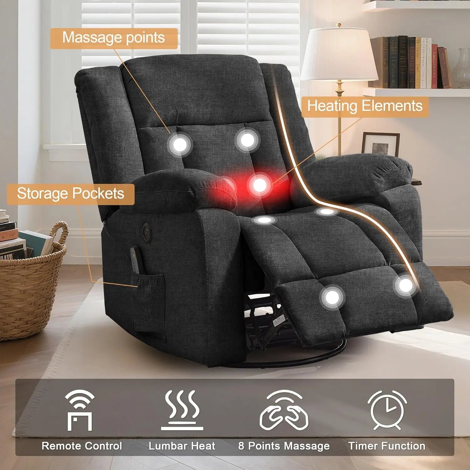 Recliner Chair,Rocking Chair with Massage and Heat,360° Swivel Recliner Chairs for Adults,for Bedroom,Nursery,Living Room Chairs