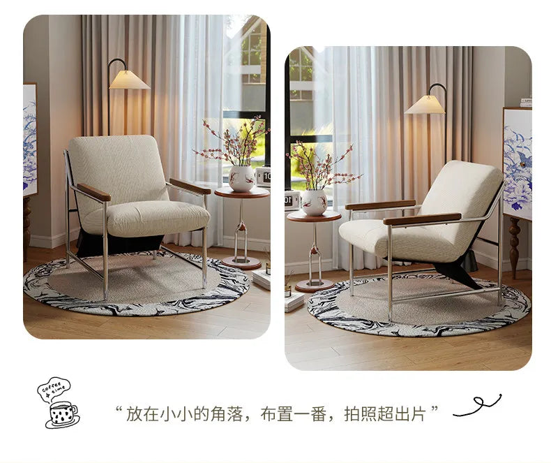 Modern Luxury Cream Fabric Lounge Chair, Comfy Designer Single Sofa Accent Chair for Living Room Bedroom Balcony HotelGuesthouse