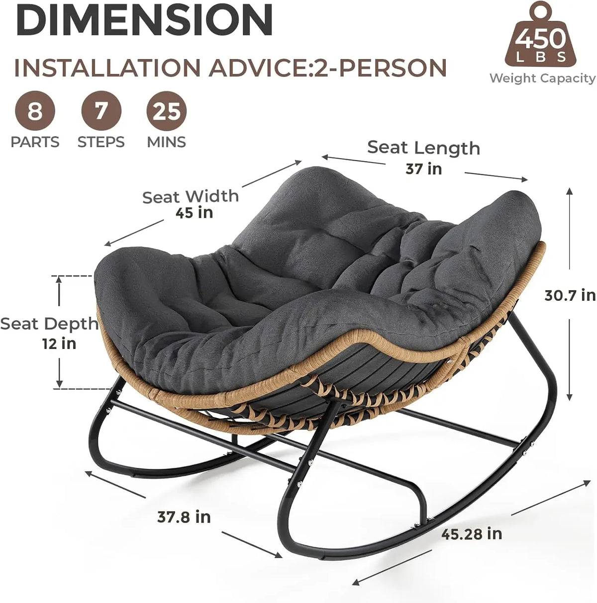 Papasan Rocking Chair Outdoor, Oversized Patio Egg Chair with Thick Cushion, Indoor Wicker Lounge Rocker Bed for Balcony, Porch,