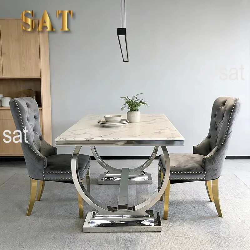 # Factory Wholesale Solid Marble Dining Table with Silver Circle Decorations