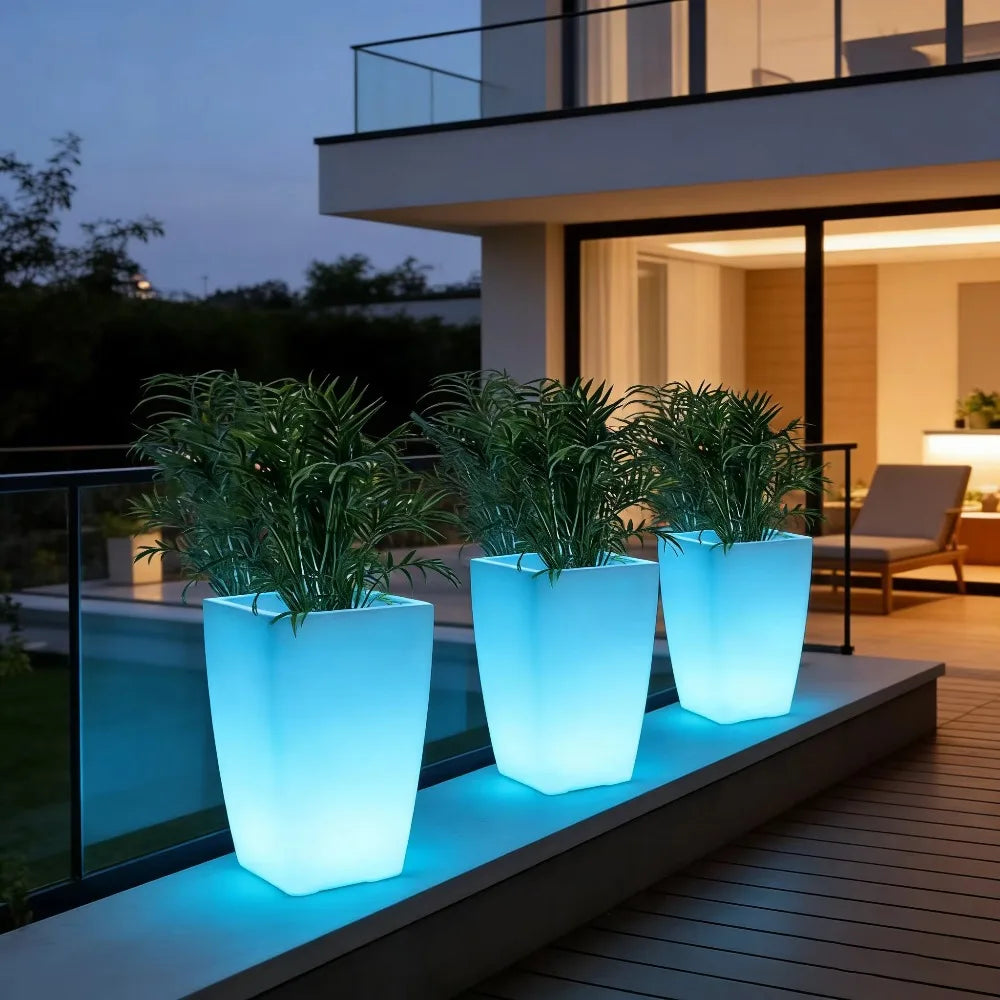 Round Shape  Illuminated LED Tall Big Led Glow Flower Pot Solar Garden Lights Outdoor Floor Lamp Led Flower Planter