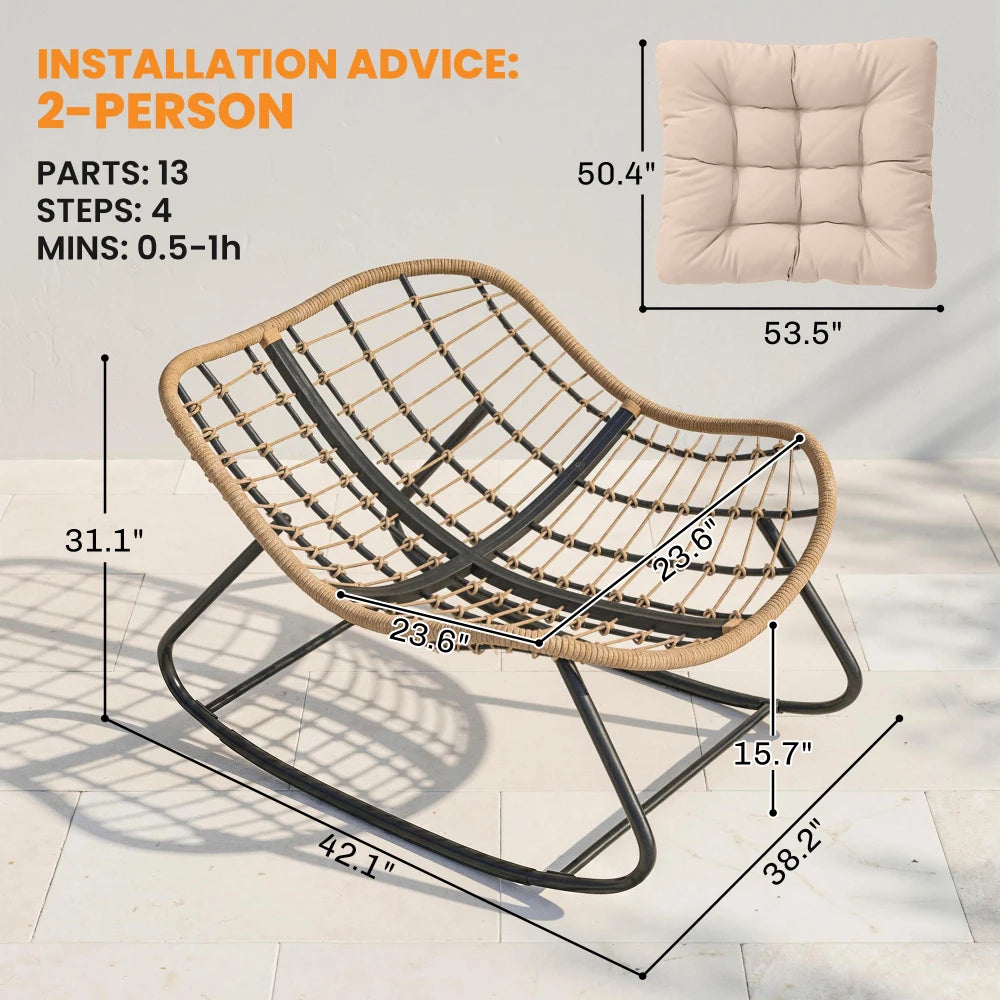 Oversized PE Wicker Rocking Papasan Chair, Egg‑Shaped Outdoor Saucer Chair with 3.9" Thick Cushion, Powder‑Coated Steel Frame Anti‑Slip Rocker for Porch Balcony