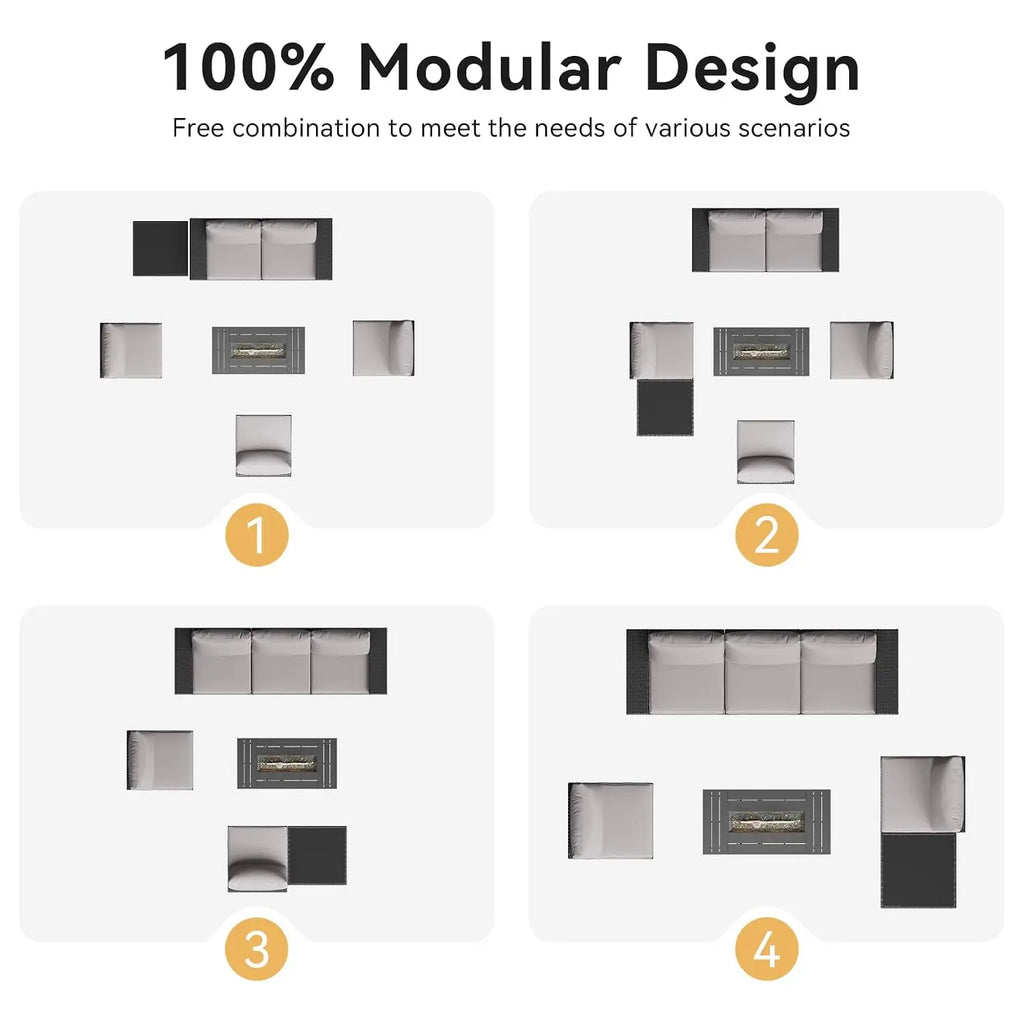 Outdoor Patio Furniture Set 44in Fire Pit Table 7 Pcs Sectional 4in Cushion Widen Armrests Wicker Backyard Grey, Customized