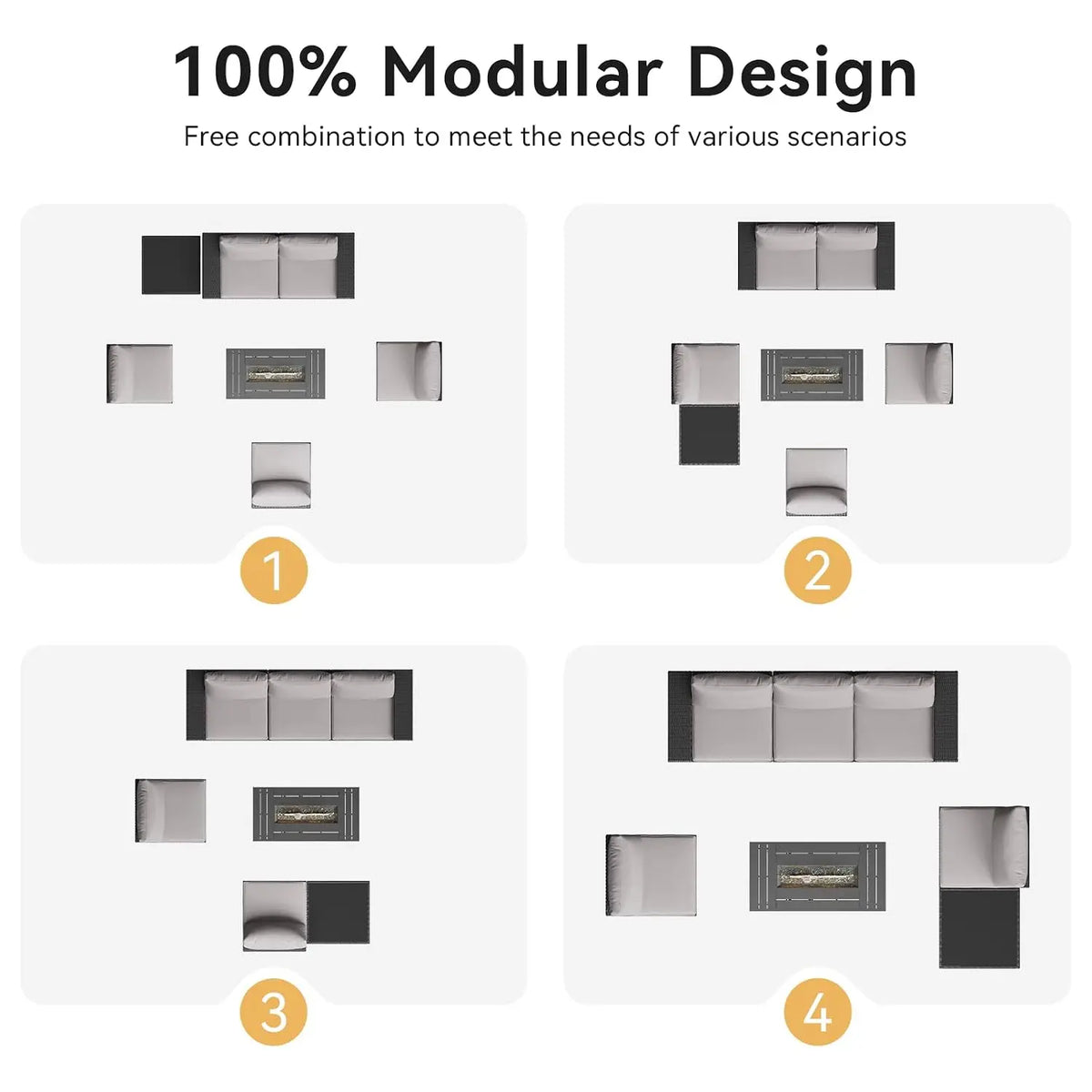 Outdoor Patio Furniture Set 44in Fire Pit Table 7 Pcs Sectional 4in Cushion Widen Armrests Wicker Backyard Grey, Customized