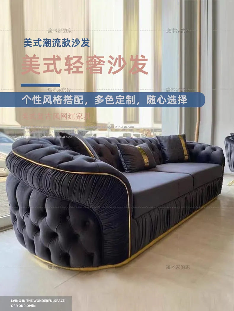 Luxury Chesterfield Sectional Sofa Set with Cloth Buttons and Fabric Modular Couch with Gold Stainless Steel Base, 3-seater Sofa