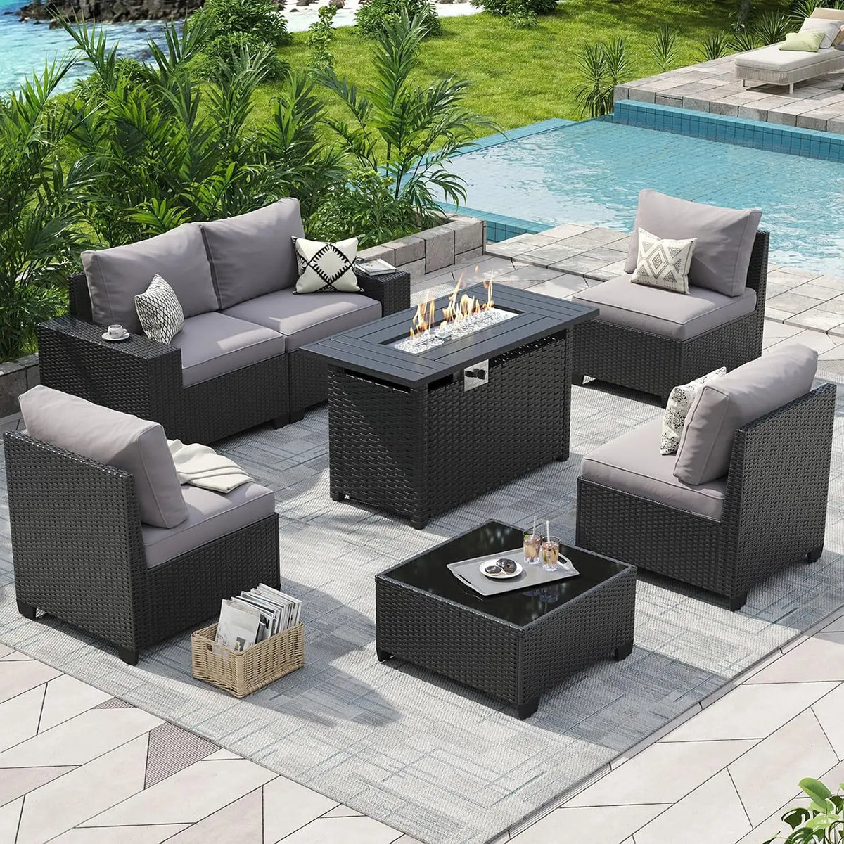 Outdoor Patio Furniture Set 44in Fire Pit Table 7 Pcs Sectional 4in Cushion Widen Armrests Wicker Backyard Grey, Customized