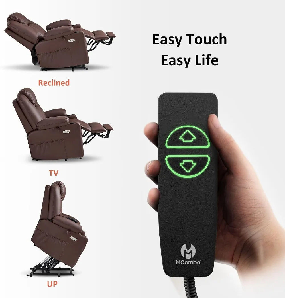 Electric Power Lift Recliner Chair with Massage Heat for Elderly, 3 Positions, USB, Cup Holders, Faux Leather