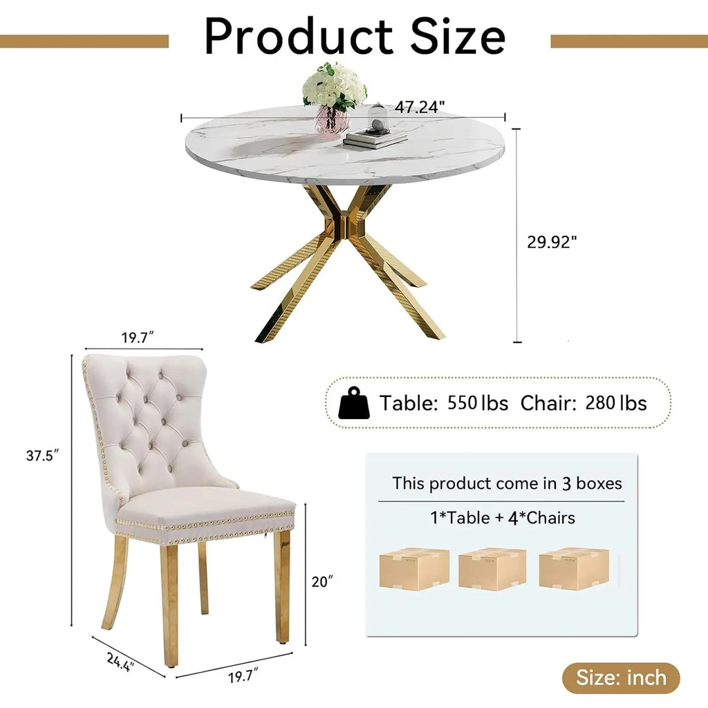 4-Seat Round Dining Table Set, 47" White Faux Marble Table with 4 Beige Velvet Tufted Chairs, Gold Stainless Steel, Customized