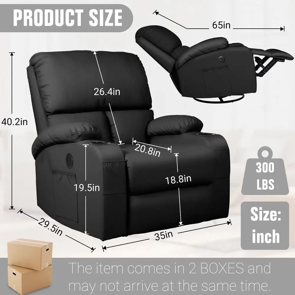 Rocking Recliner Chair, Massage Rocker Recliner Chair with Vibration Massage and Heat, USB and TypeC Ports,360 Swivel Faux Leat