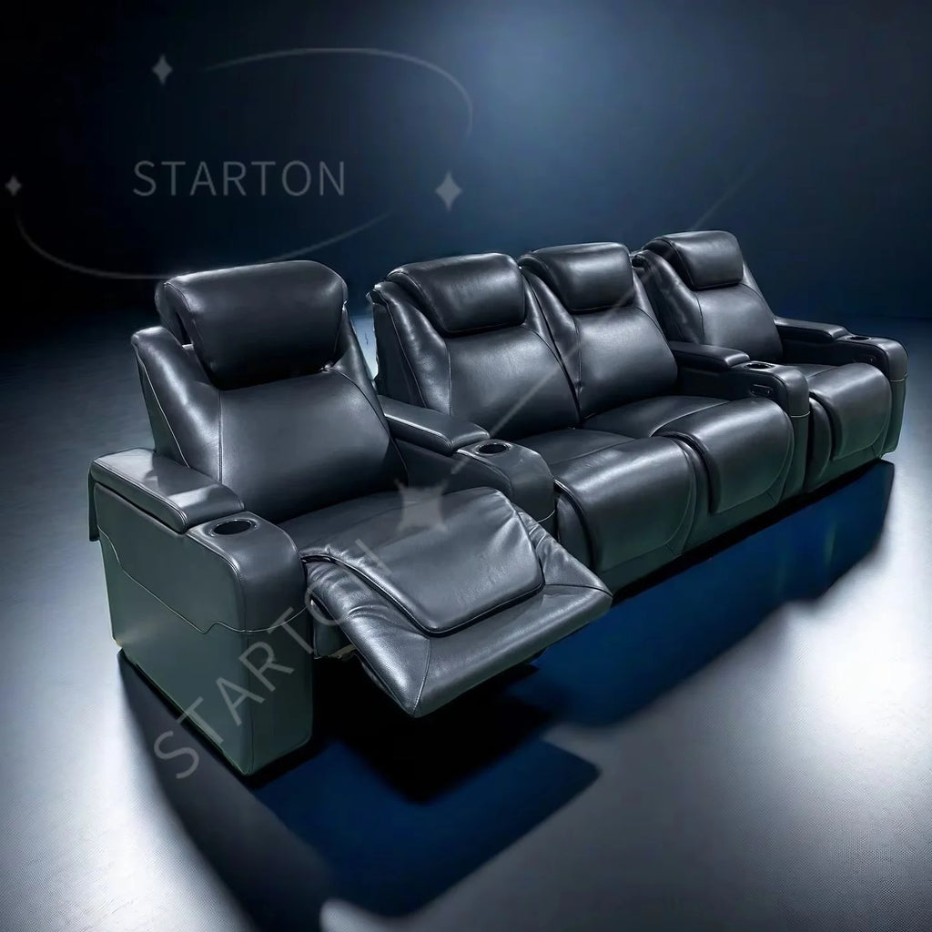4seater Fully Black Power Reclining Theater Furniture Movie Seats Electric Headrest Loveseat Middle Theatre Cinema Sofa Recliner