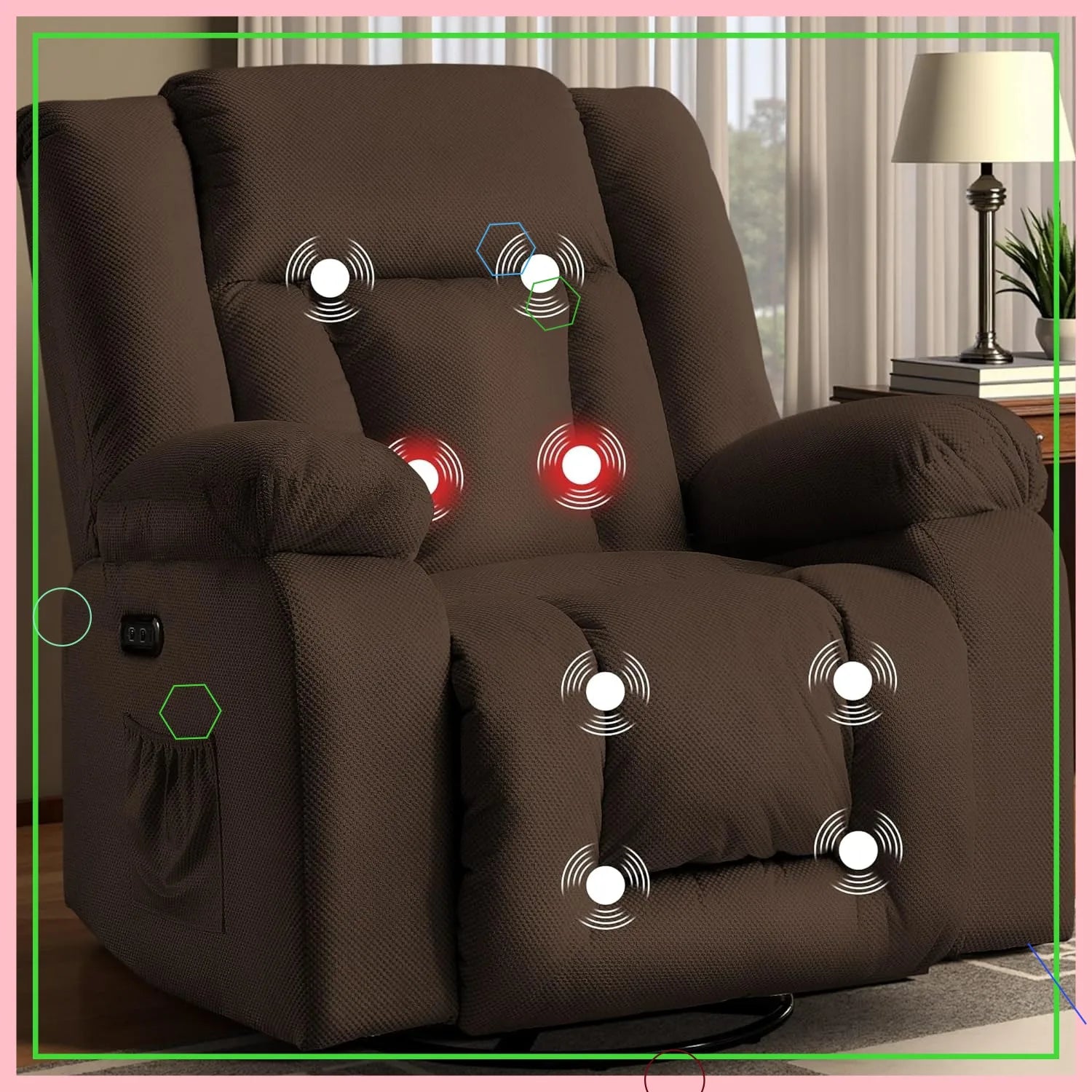 Electric Massage Recliner Chair with Heat & Swivel Rocking, Oversized Waffle Fabric for Living Room Bedroom