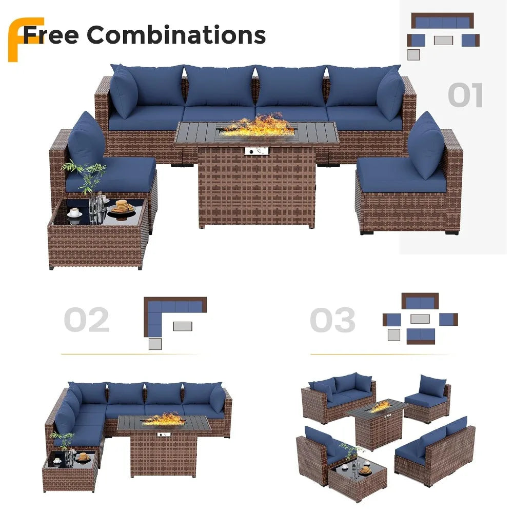 8-Piece Wicker Patio Furniture Set with 44" Fire Pit Table for Outdoor Garden, Custom