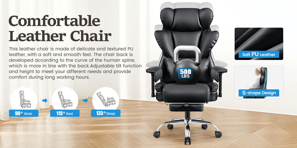 KERDOM Big and Tall Gaming Chair 500lbs Wide Seat and Footrest, Ergonomic Chair with Pocket Spring Cushion and Armrest, Metal Base & Quiet Rubber Wheels, Leather Office Chair with Adjustment Headrest and Lumbar Support for Lo