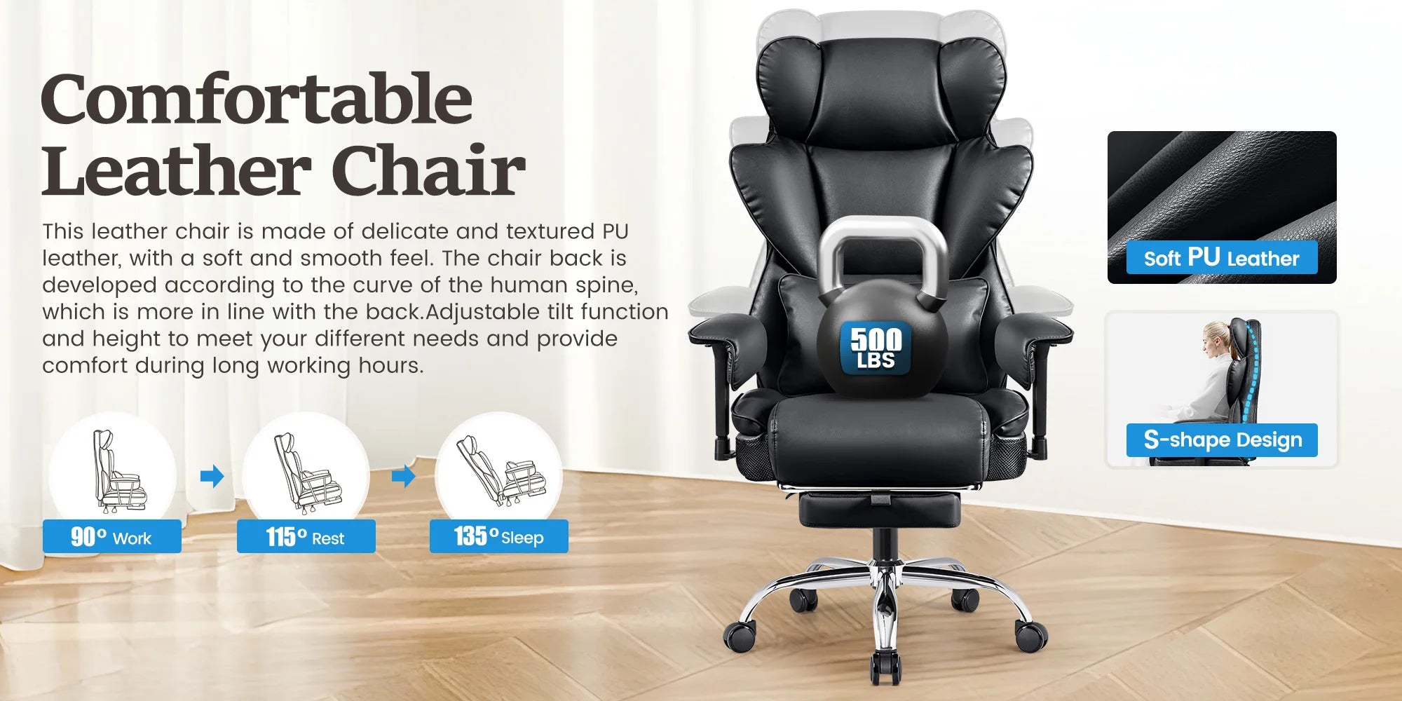 KERDOM Big and Tall Gaming Chair 500lbs Wide Seat and Footrest, Ergonomic Chair with Pocket Spring Cushion and Armrest, Metal Base & Quiet Rubber Wheels, Leather Office Chair with Adjustment Headrest and Lumbar Support for Lo