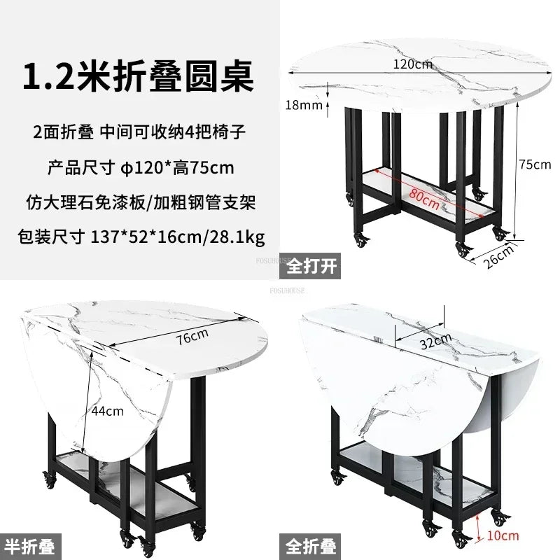 Home Folding Dining Table Set with Chairs Mobile Round Furniture Modern Kitchen Living Room Light Luxury Simple Portable