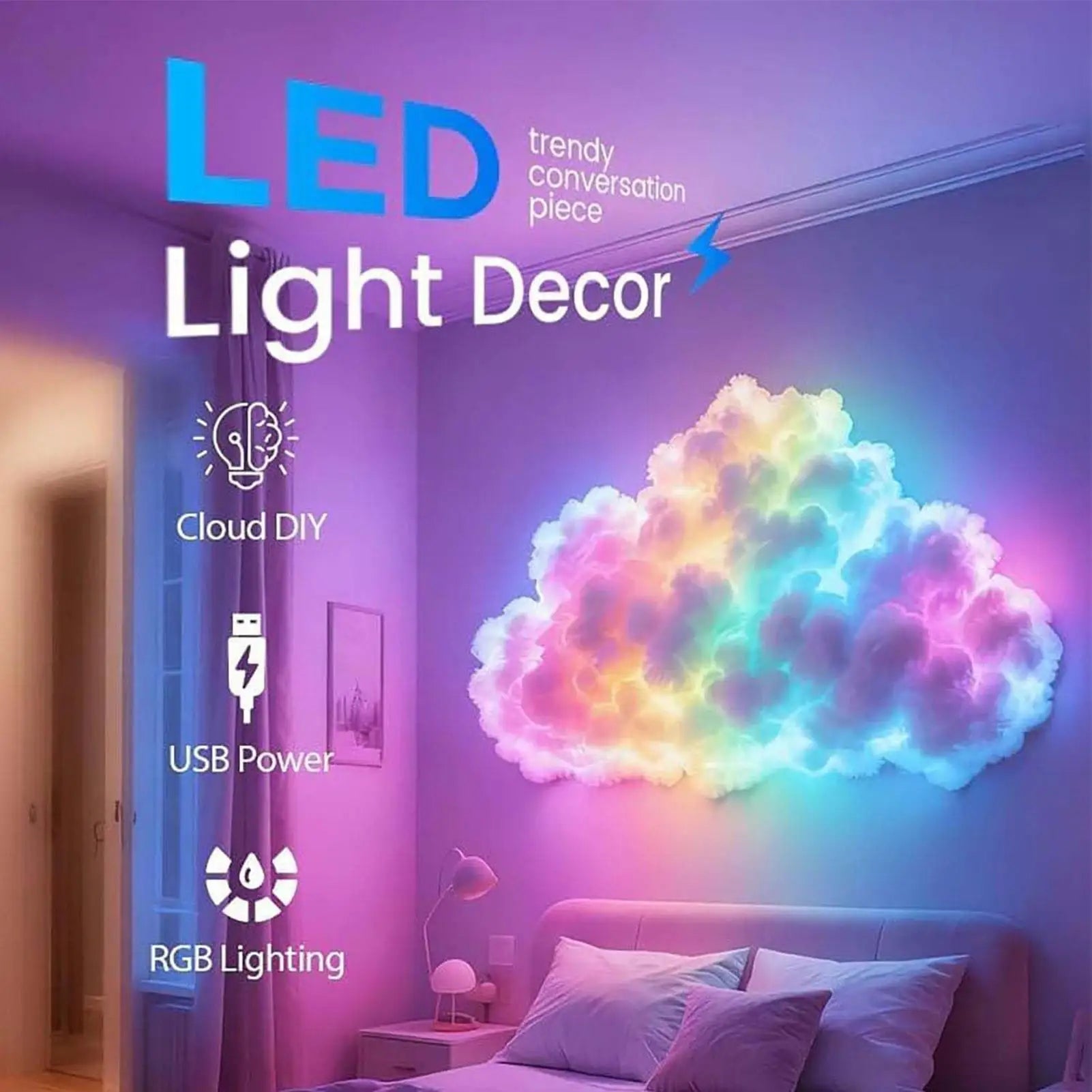 3D Thunder Cloud LED Light with Music - USB Powered Mood Lamp for Ceiling, Bedroom, Desk, Party, Festival & Photography Decor