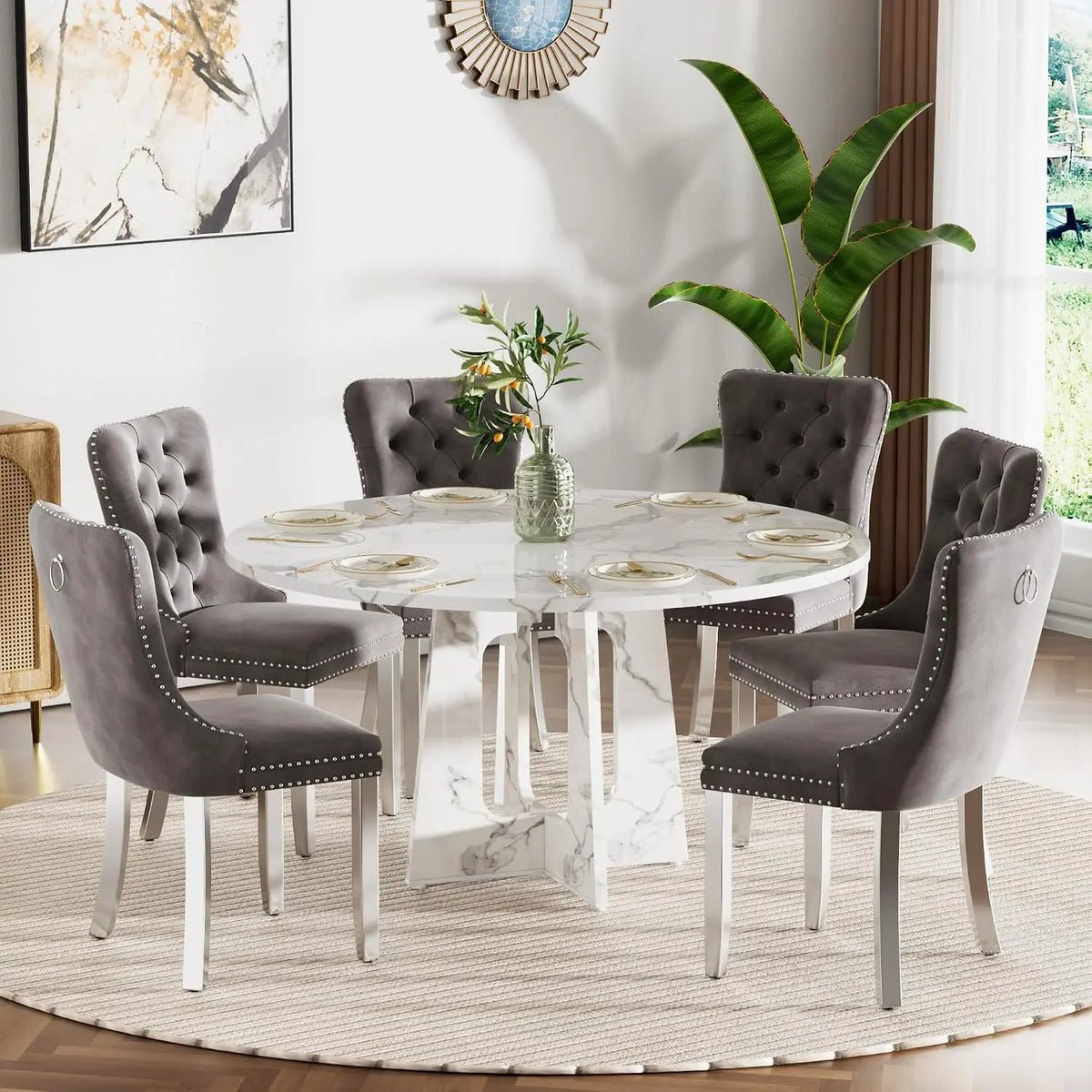 47" Round Farmhouse Dining Table Set, White Faux Marble with 4 Blue Velvet Chairs, Wooden Kitchen & Dining Furniture, Customized