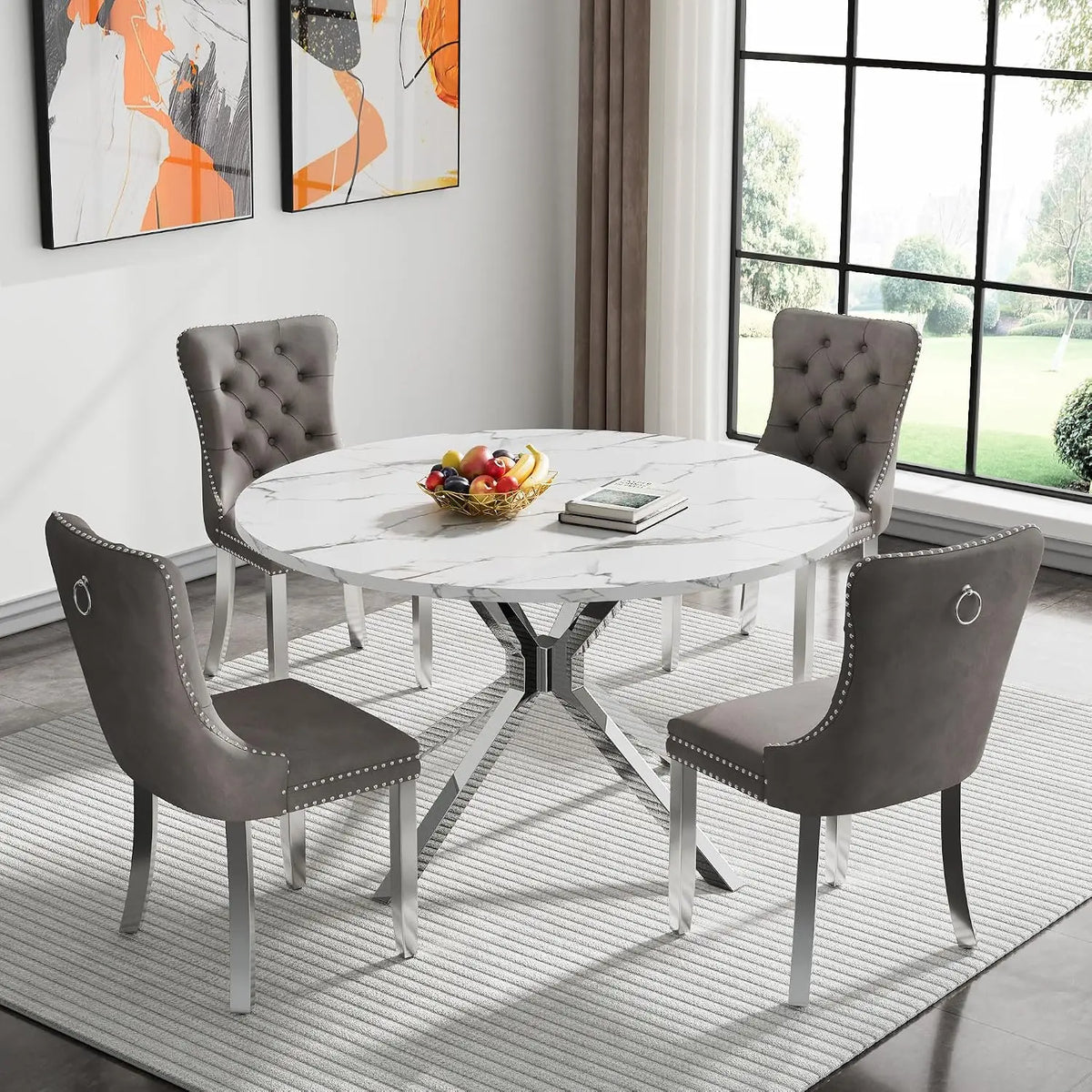 4-Seat Round Dining Table Set, 47" White Faux Marble Table with 4 Beige Velvet Tufted Chairs, Gold Stainless Steel, Customized