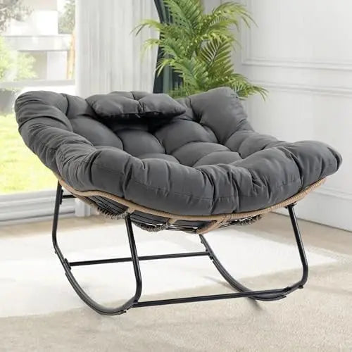 （Local US Inventory）Oversized Upholstered Rocking Chair Wicker Egg Rocker with Thick Cushion and Pillow Modern High Back Armchai