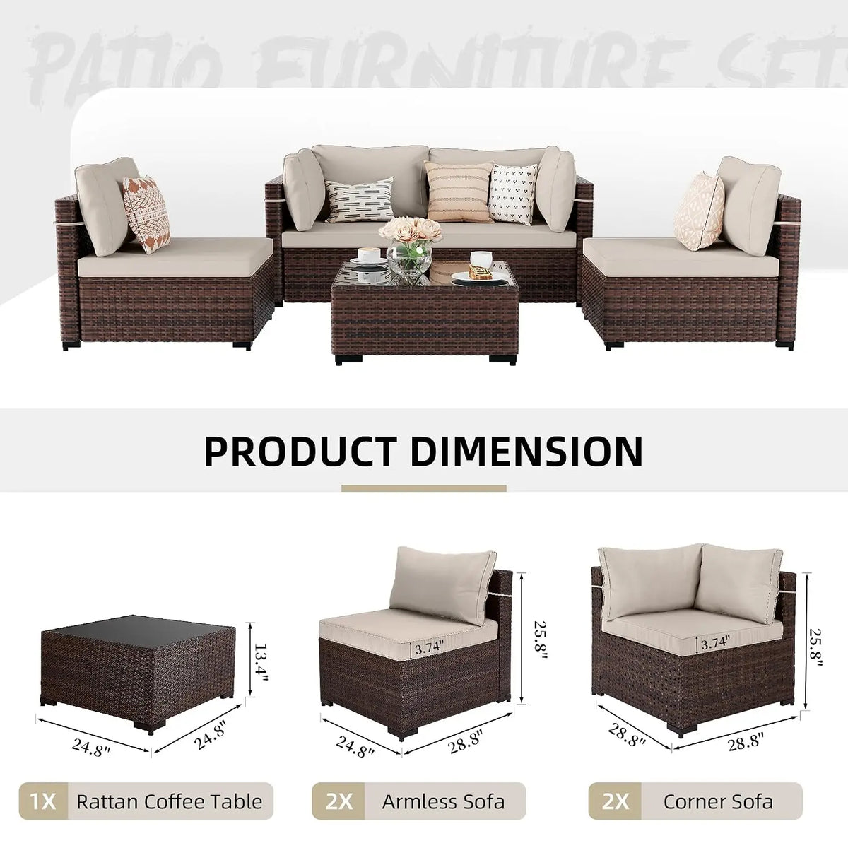 5-Piece Wicker Patio Sofa Set with Coffee Table for Outdoor Garden Balcony, Custom