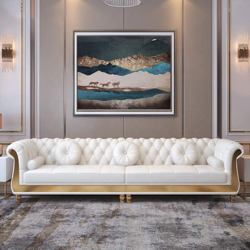 Arabic Luxury Chesterfield Leather Sofa Living Room Sofas Hot Sale White Modern Home Furniture Solid Wood Frame European Style