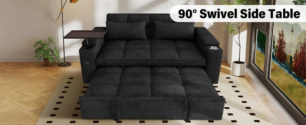 65" 3-in-1 Folding Convertible Sofa Bed with 360° Swivel Side Table, Pull Out Couch USB Charging, Modern Corduroy Chenille, Black