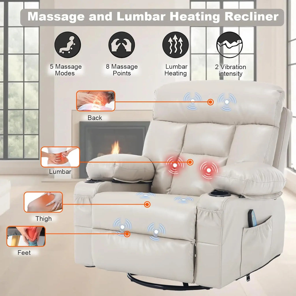 Swivel Rocker Recliner with Heat and Massage, Heated Massaging Reclining Chair with Cup Holders, Faux Leather, Customized