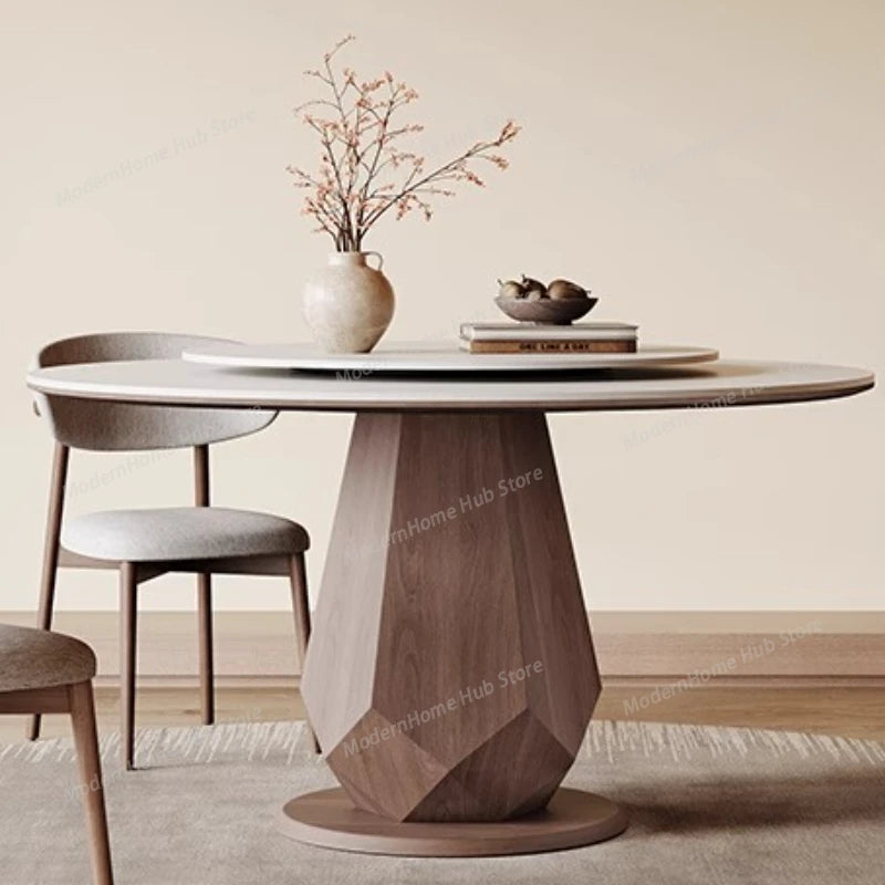 Retro Rock Dining Table Turntable Home Use Modern Simple Antique Style Solid Wood Round Table Mesa Comedor Extensible Furniture