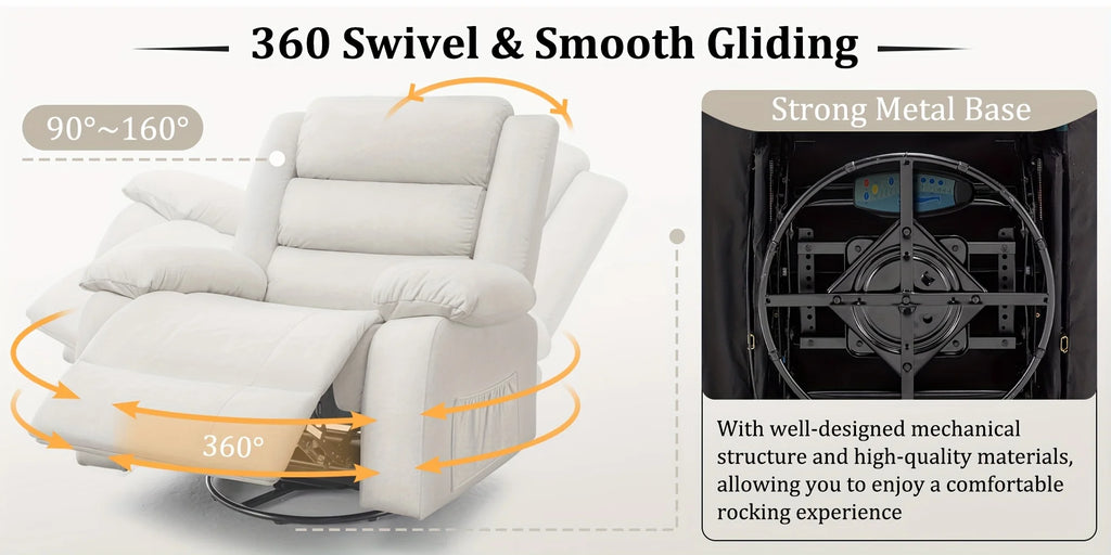 Rocking Chair with Massage And Heating Function, 360° Rotating Extra Large Recliner, Wide Rocking Chair for Adults with Side Poc