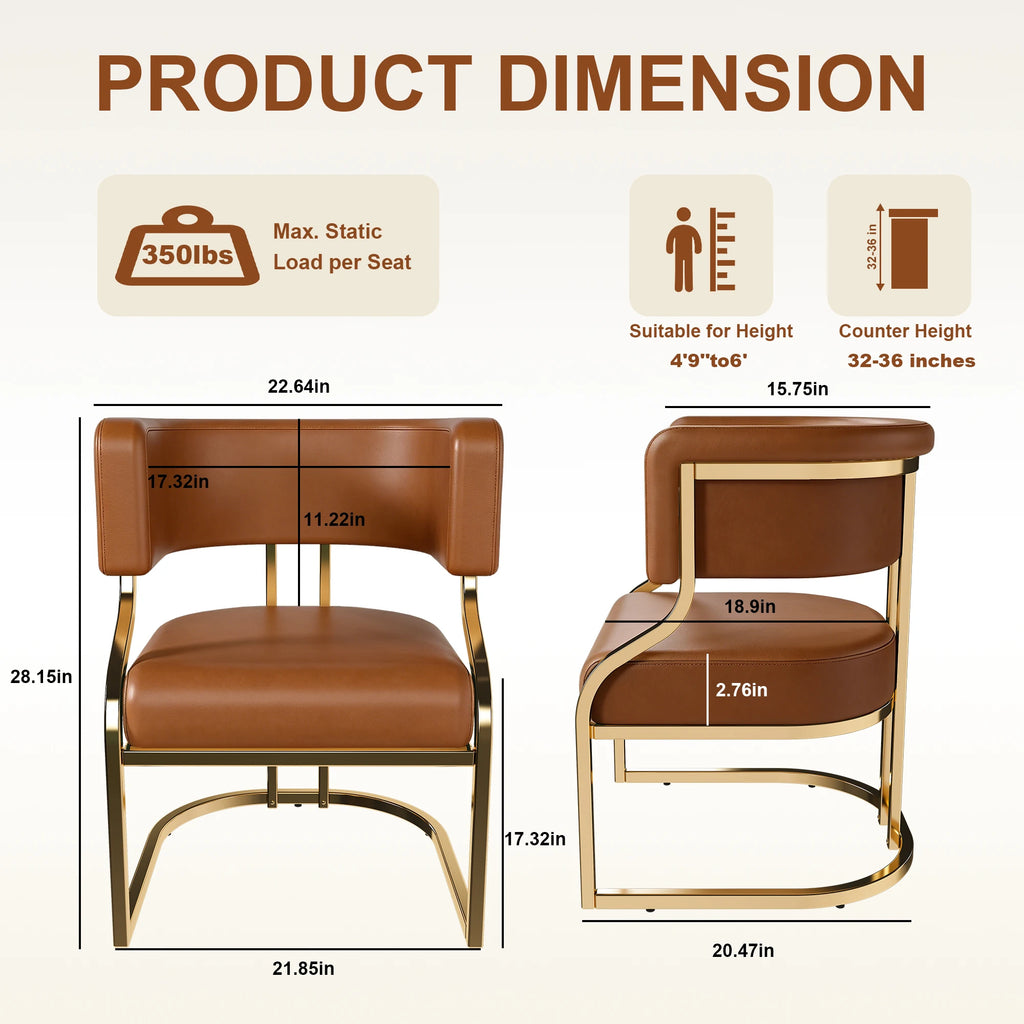 Modern Dining Chairs Set Of 2 With Gold Metal Legs, PU Leather Upholstered Kitchen Chairs, Brown