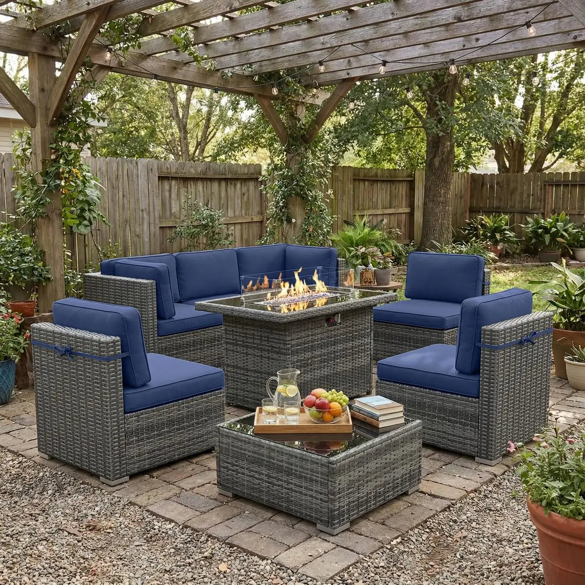 8 Piece Patio Furniture Set with 44" Propane Gas Fire Pit Table, Outdoor Sectional Conversation Set Wicker Rattan, Customized