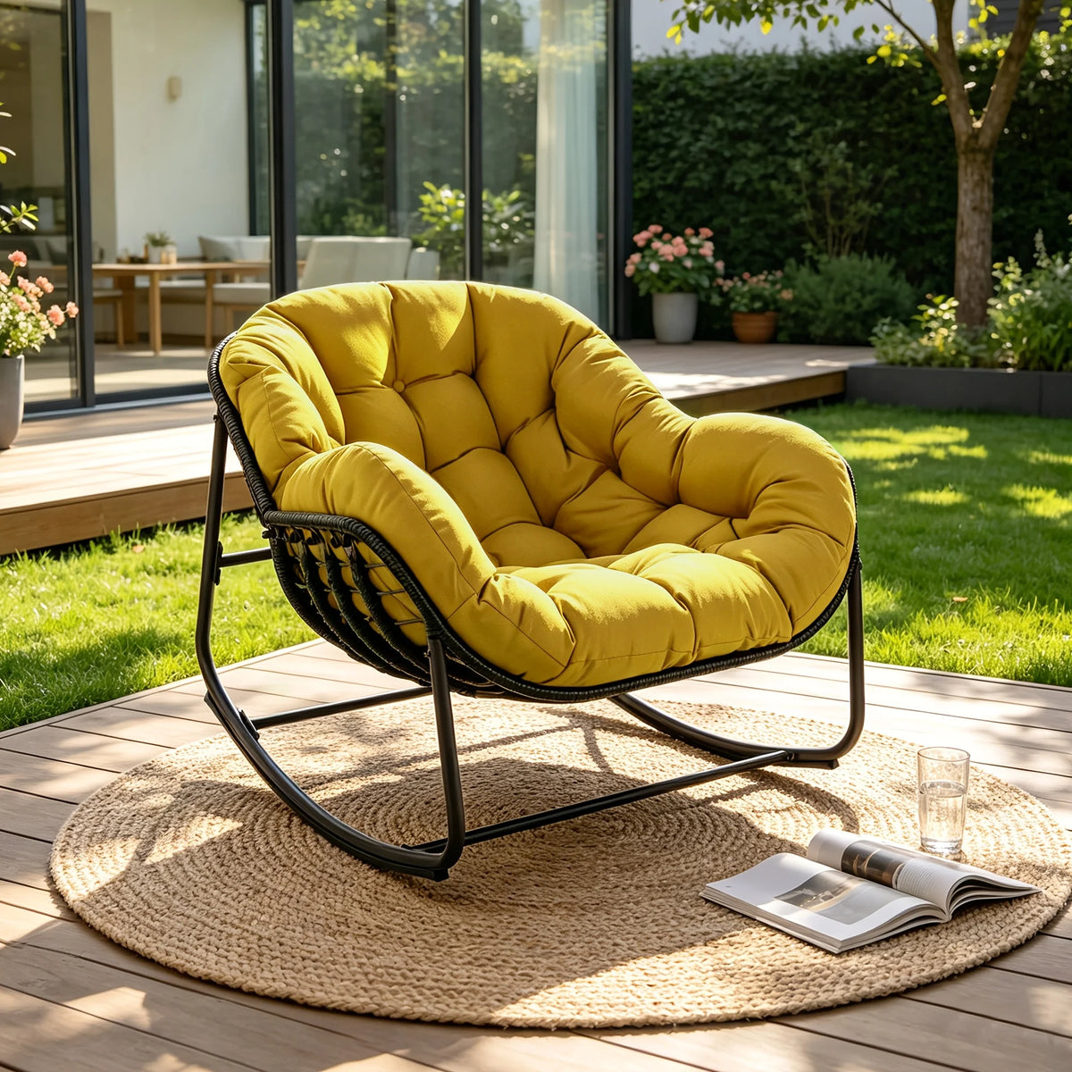 The Papasan rocking chair is suitable for outdoor use. This all-weather wicker Papasan patio chaircomeswithcushions and pillows.