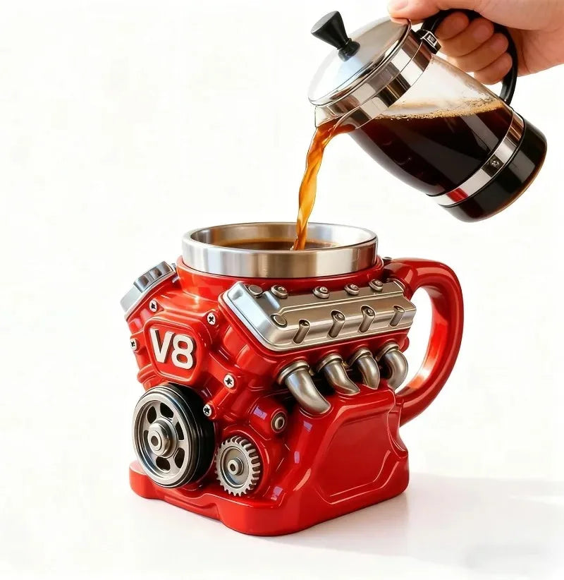 Retro Engine Coffee Mug Double Wall V8 Engines Stainless Steel Cup with Handle Realistic Design Insulatio Christmas Gift for Men