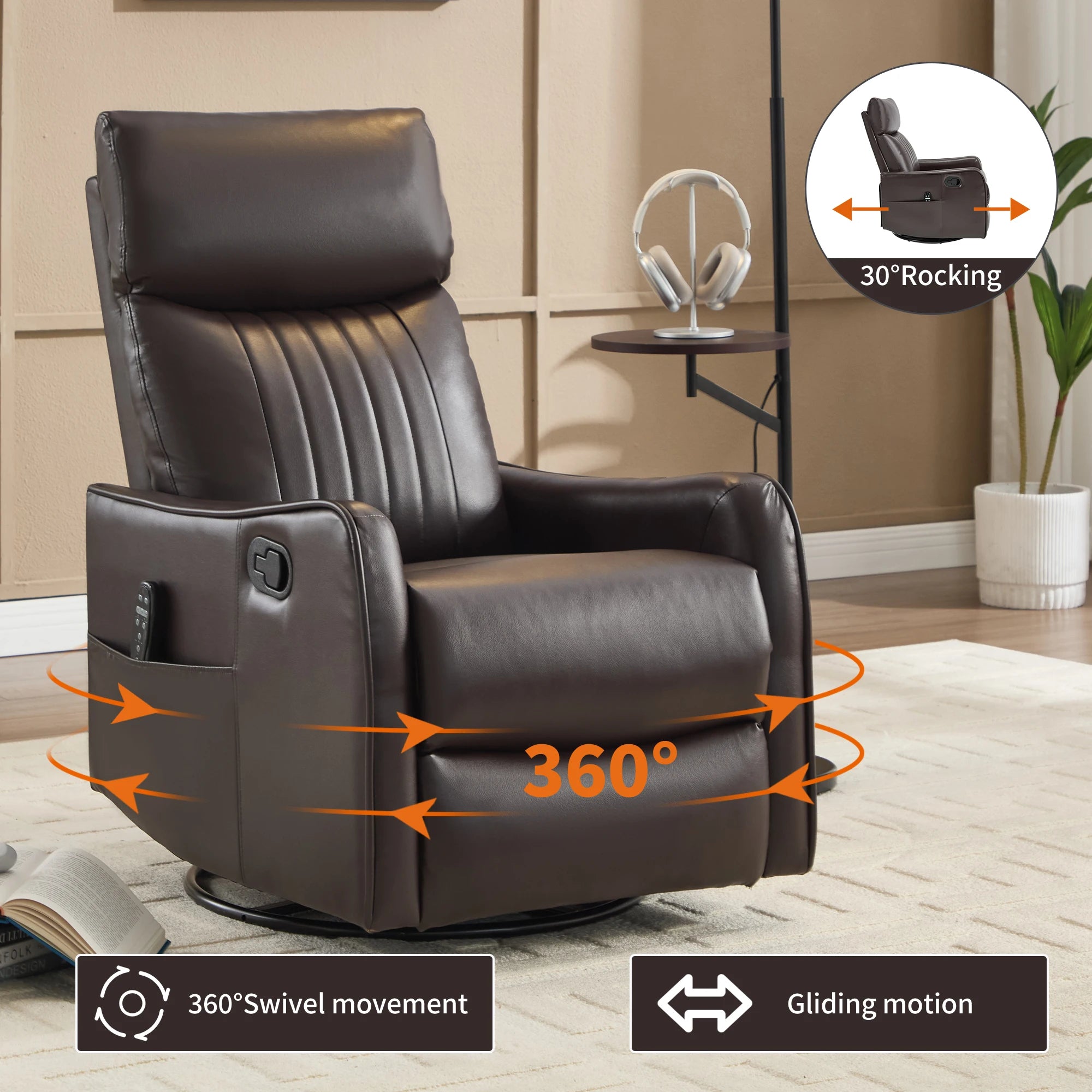Manual Recliner Chair with Heat & Massage, Brown Faux Leather Rocker Swivel Accent Chair for Living Room
