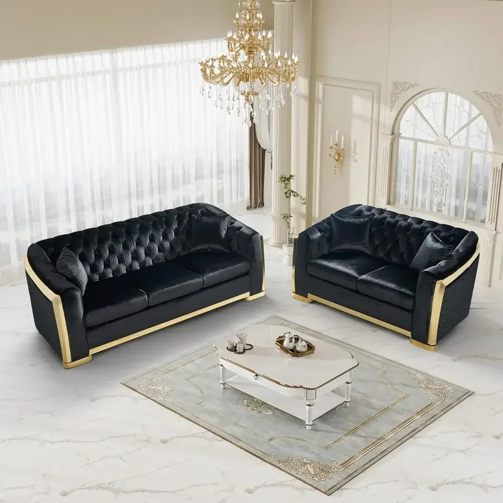 Luxurious 84 Velvet Black Sofa with Gold Legs, 3-Seat Curved Loveseat for Living Room, Includes 2 Pillows