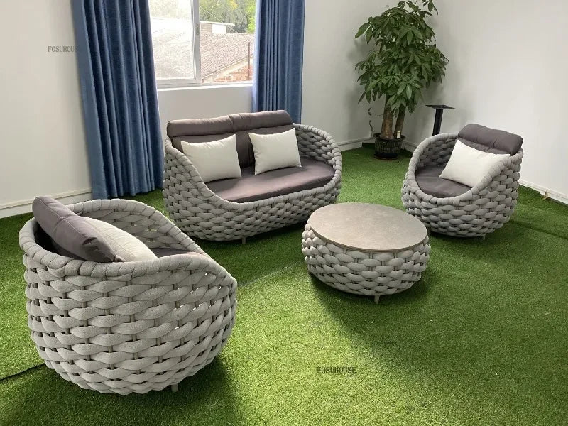 Aluminum Alloy Sofa Set Outdoor Modern Villa Courtyard Rope Weaving Garden Patio Furniture Weather Resistant Nordic Design