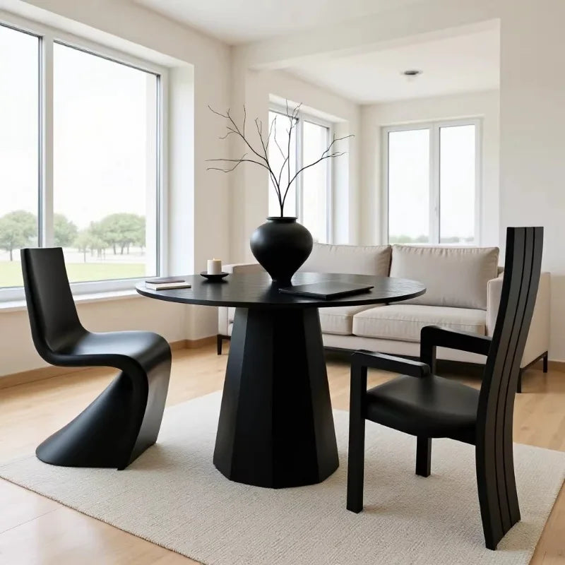Nordic solid wood dining table and chair combination, wabi-sabi style round table, black minimalist white ash wood round