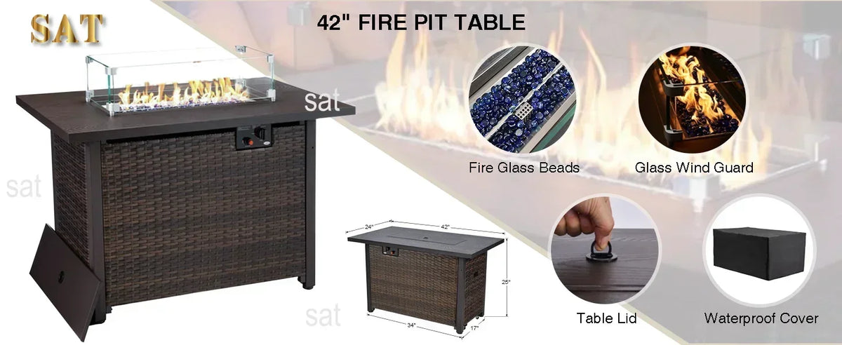 /Garden Furniture 7 Pie Set with Fire Pit Table, Rattan Outdoor Patio Sectional Conversation Furniture Sets WSeat Cushions
