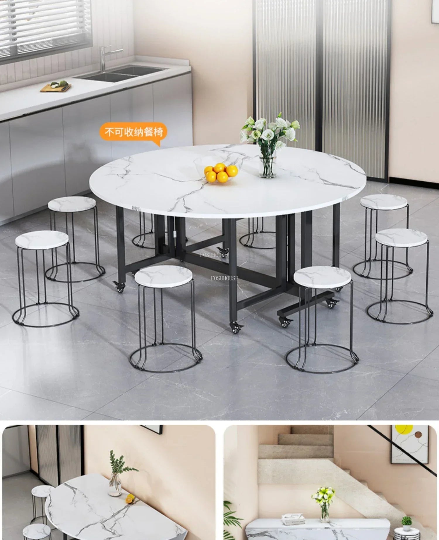 Home Folding Dining Table Set with Chairs Mobile Round Furniture Modern Kitchen Living Room Light Luxury Simple Portable