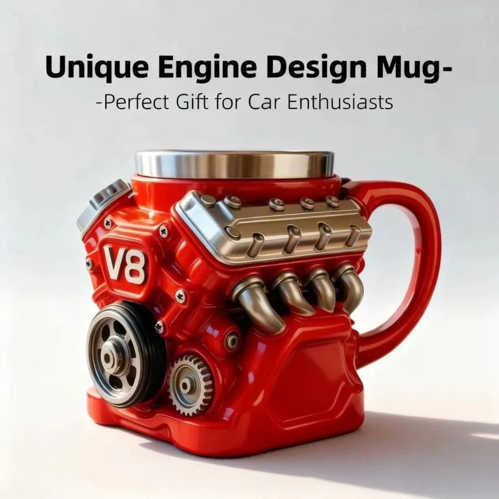 Retro Engine Coffee Mug with Handle 300ML V8 Engines Stainless Steel Cup Double Wall Realistic Design Insulation Car Mug