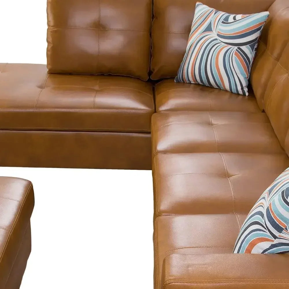 Leather Sectional Sofa with Storage Ottoman and Right Chaise in Ginger