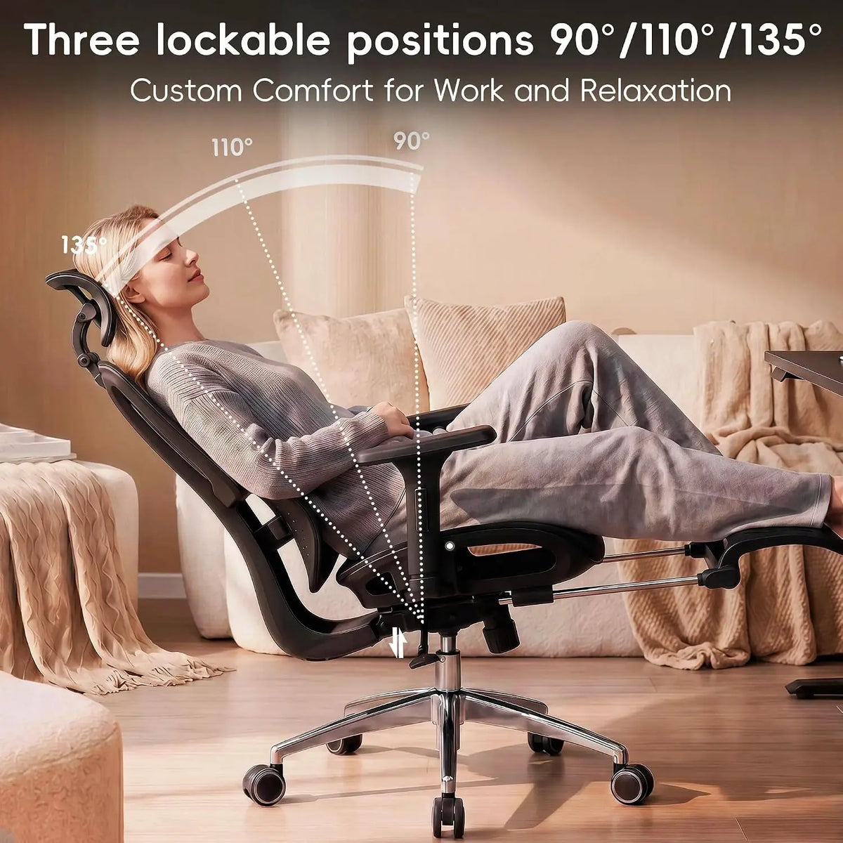 Ergonomic Office Chair with Footrest, Desk Chair with Lumbar Support, Mesh Seat, 3D Headrest, Black