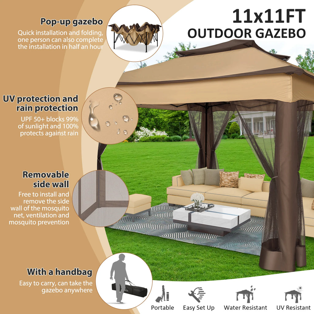 11x11 Pop up Gazebo on Clearance with Mosquito Netting&Sandbags, Outdoor Canopy Tent with 4 Ropes 8 Stakes&Portable Carrying Bag