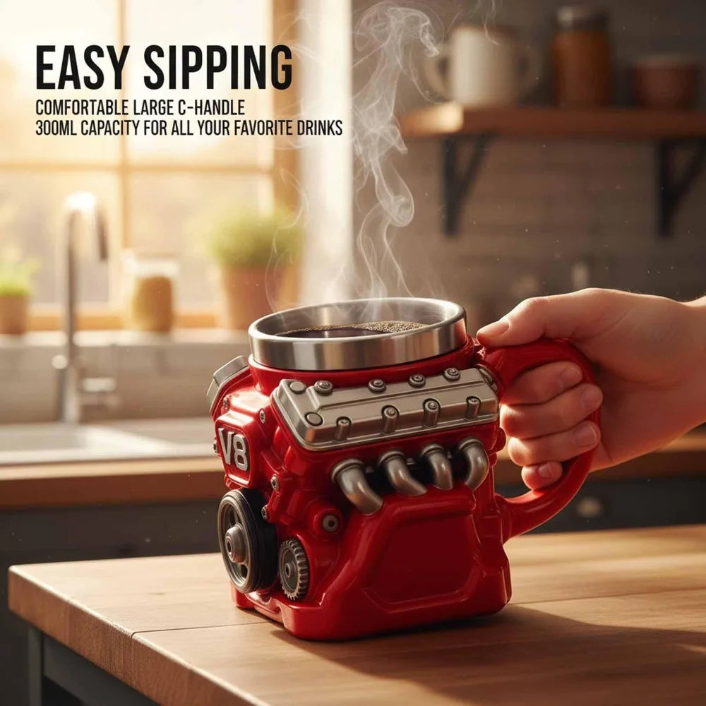 Retro Engine Coffee Mug Double Wall 180ML V8 Engines Stainless Steel Cup with Handle Realistic Design Insulation Car Mug