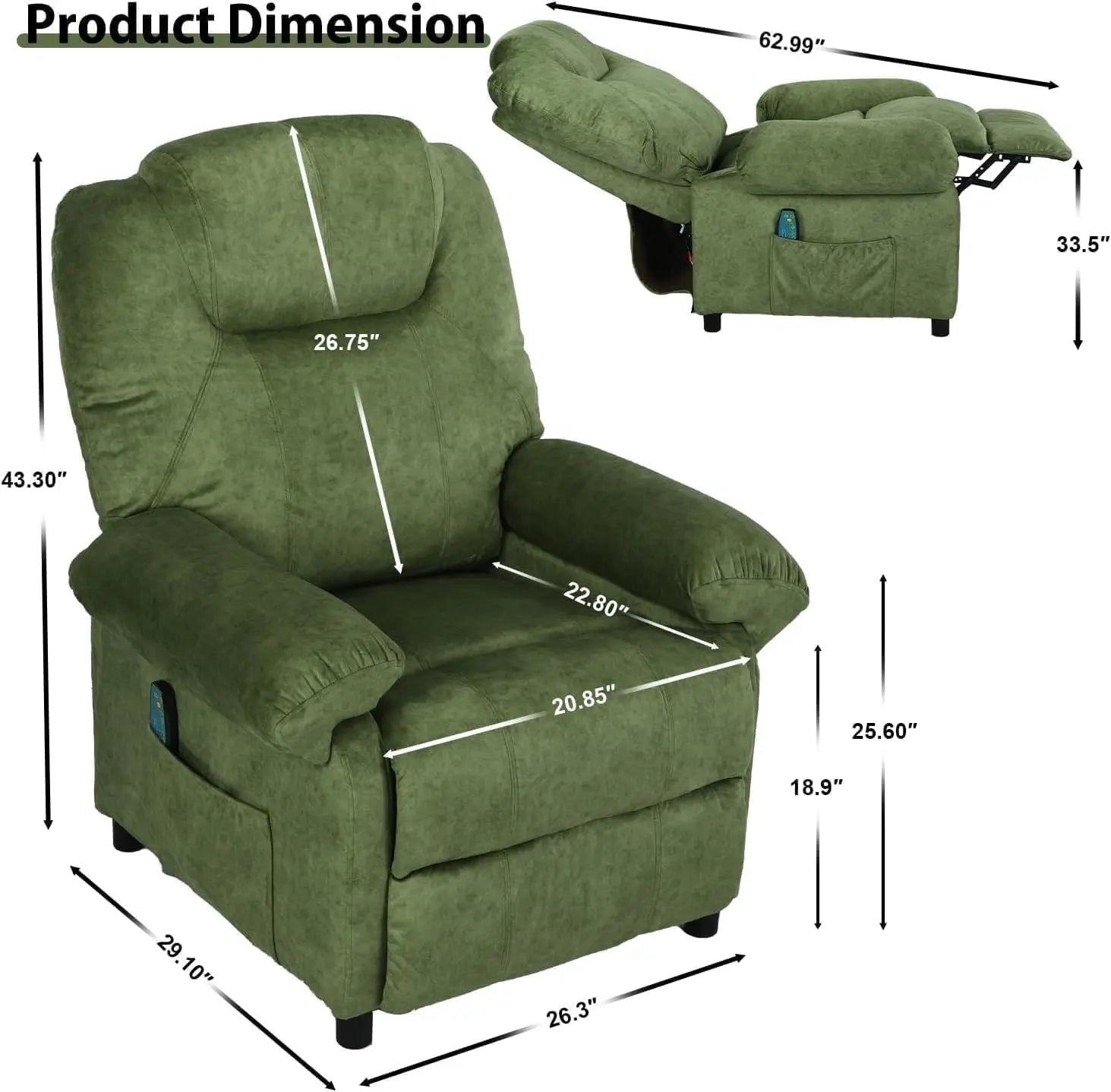 Overstuffed Push Back Recliner Chair for Living Room, Mid Century Fabric Heated Massaging Reclining Chair Small, Customized
