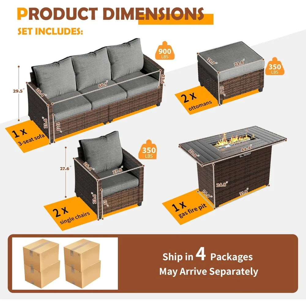 Outdoor Patio Furniture Set 44 Inch Fire Pit Table 6 Piece Sectional Sofa with Cushions