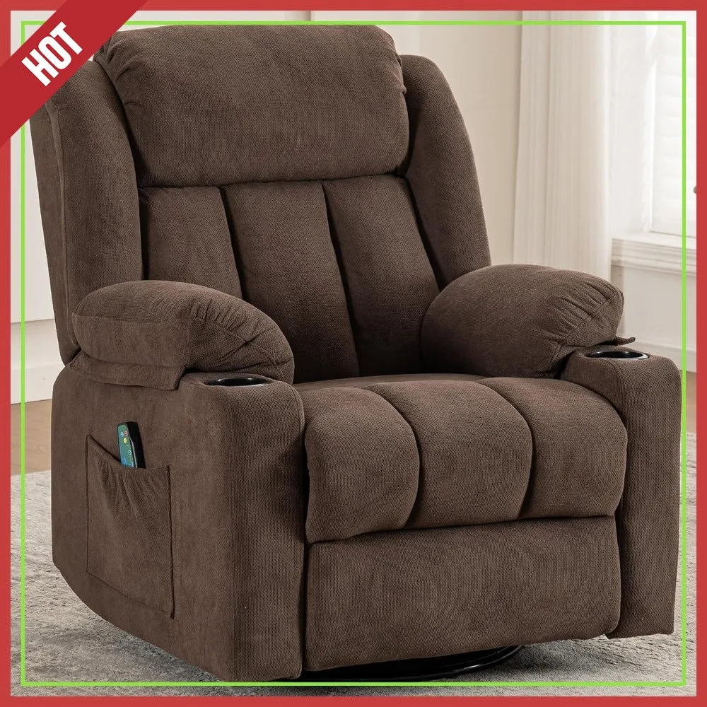 Swivel Recliner Chair with Massage Heat, Rocking Glider, Overstuffed Fabric Living Room Sofa