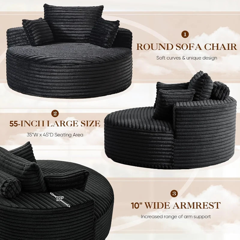 Round Chaise Longue Chair Indoor, Modern 55-inch Upholstered Corduroy Deep Seat Circle Single Cloud Lounge, Customized